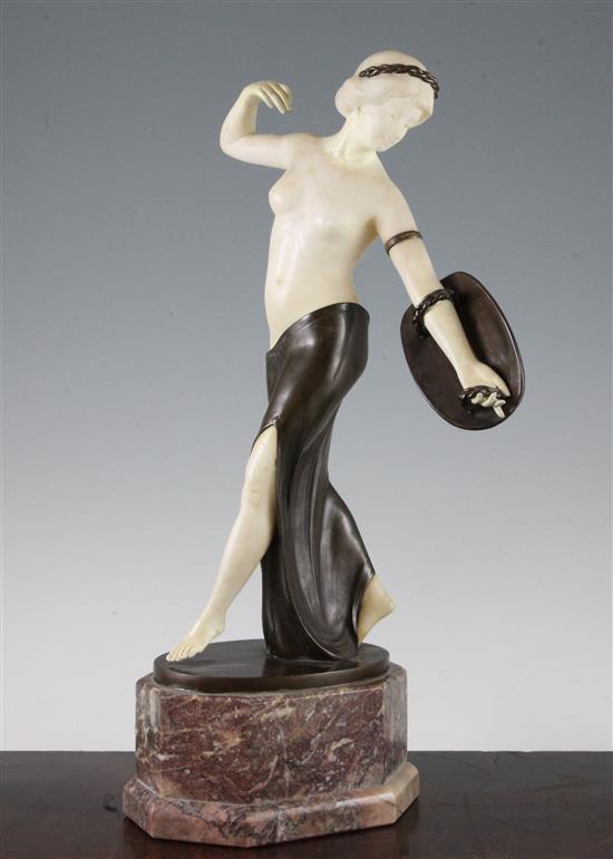 George Schrimpf (German, 1889-1938). An Art Deco alabaster and patinated bronze model of a scantily clad female, 16.75in., restored